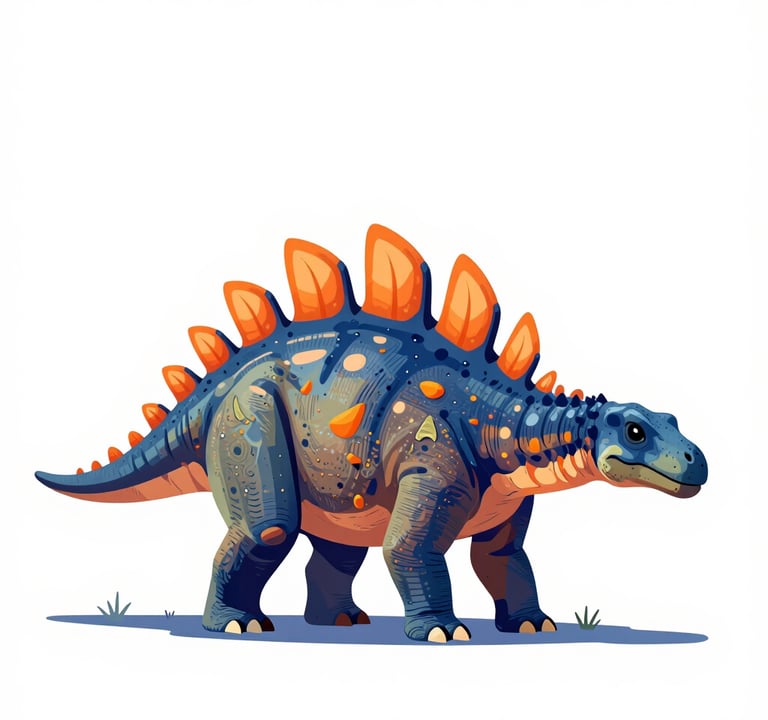 A Stegosaurus depicted in a colorful, graphic art style. Its plates are highlighted in a glowing #D87D51 orange against its #1F3A4B body. The style is fresh and sophisticated, reflecting contemporary pop culture.