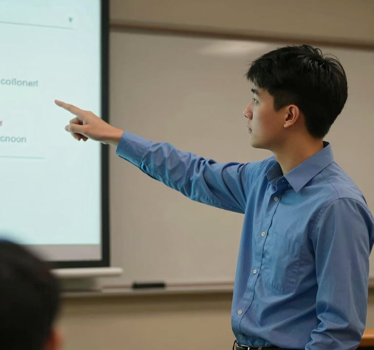 A student giving a professional presentation in a North American / US college classroom. They are pointing towards a screen (out of frame), dressed in a professional slate blue shirt. The lighting is warm and encouraging.
