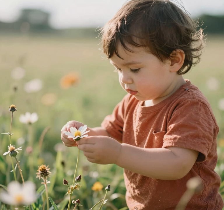 A candid shot of a toddler discovering a flower in a sun-soaked Western / Global meadow. The focus is soft and dreamy, highlighting authentic wonder and warm terracotta tones in the clothing.