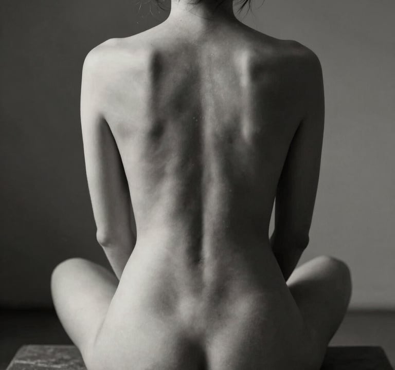 Minimalist photography of a seated figure from behind, focusing on the spine's curvature. Monochromatic tones of dark gray and off-white. Dramatic shadows and a soft-focus aesthetic in a North American / US studio.