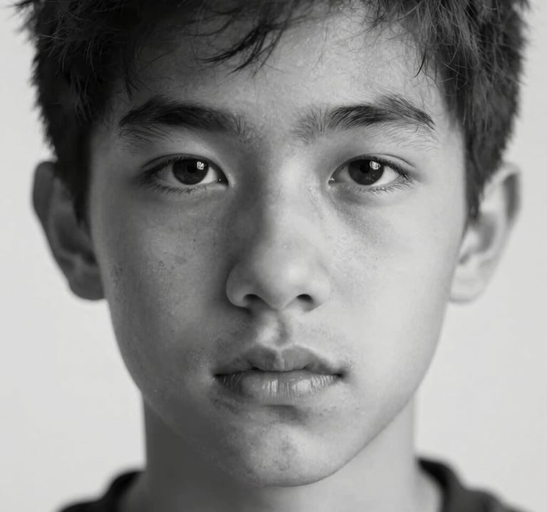 A minimalist black and white portrait focusing on the eyes and thoughtful expression of a teenager. Deep shadows using #3D3A38 and highlight accents of #FDFDFD. Authentic and profound storytelling style.