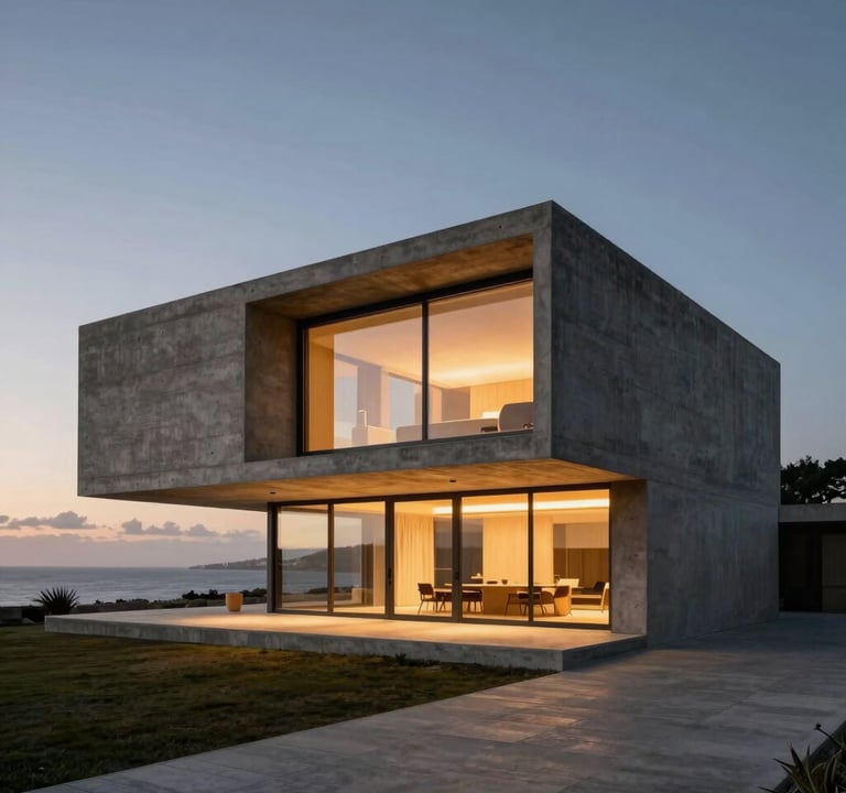 Wide-angle photography of a minimalist concrete house on the coast of Portugal at twilight, warm light glowing from within large glass windows, dark charcoal structure, sophisticated composition.