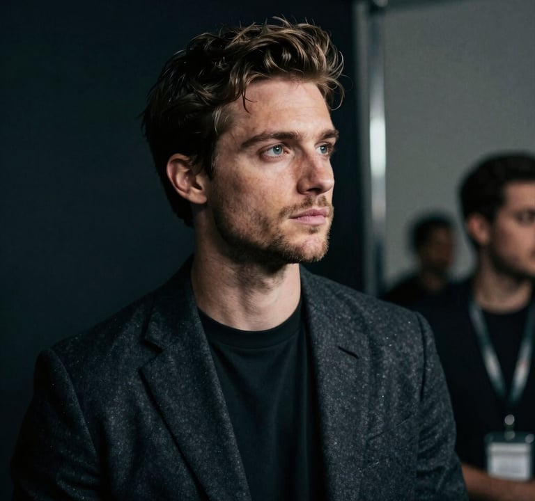 A sophisticated photograph of Stefan Taylor backstage, captured in a moment of quiet reflection. The style is moody and artistic, using deep dark charcoal and soft silver light to create depth.
