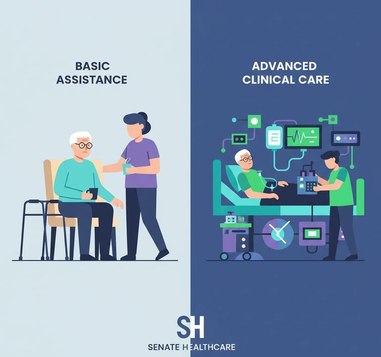 Traditional home care illustration depicting personal assistance and companionship services