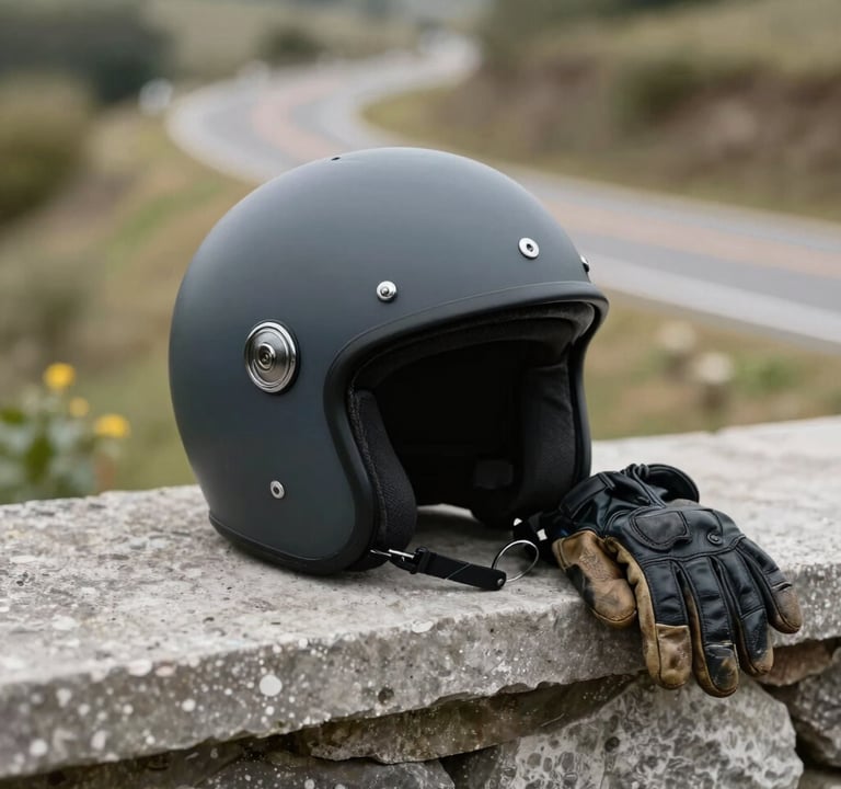 A Dark Charcoal motorcycle helmet and worn leather gloves resting on a Concrete Grey stone wall in the Global / Western countryside, soft bokeh background showing a winding road.