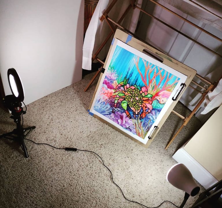 Photo of a canvas painting in a very homemade photography setup
