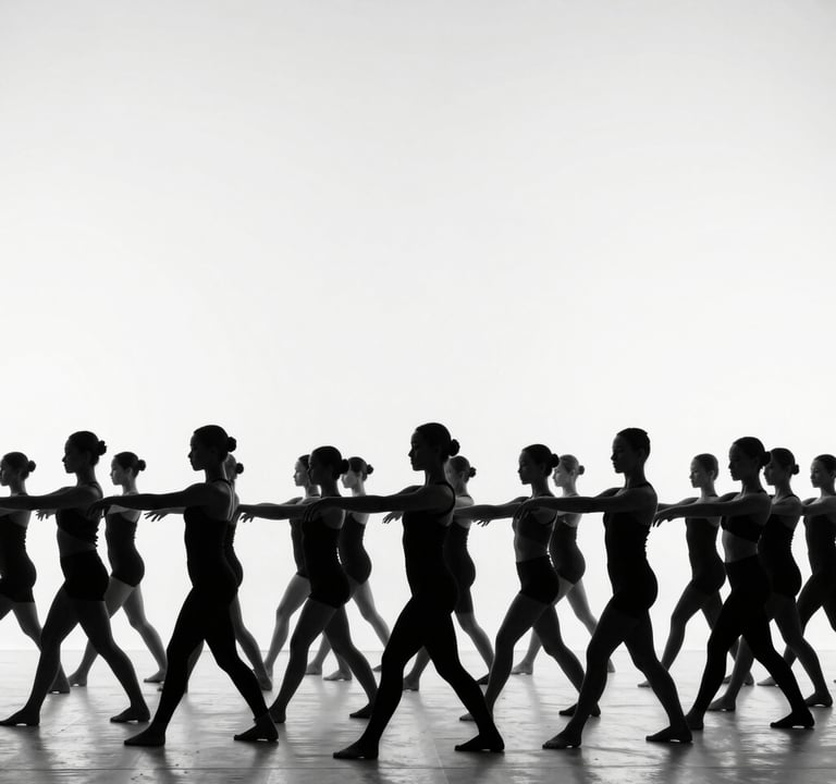 Black and white photography, a minimalist capture of rhythmic movements during a large-scale performance, high contrast silhouettes against a bright white background, elegant and orderly.