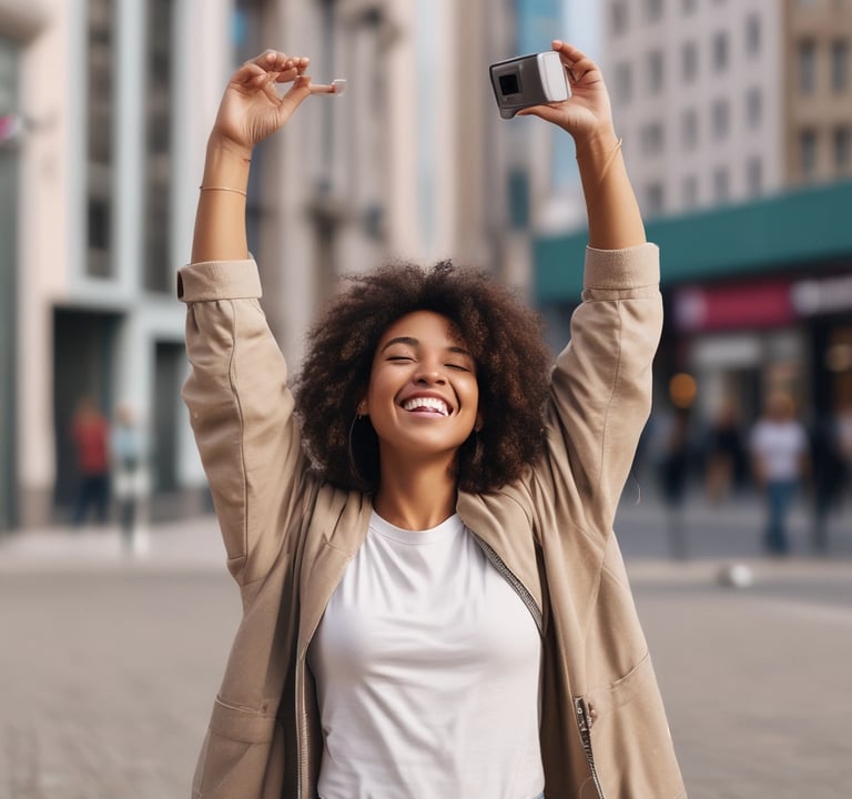 A pair of black over-ear headphones rests on top of a tablet displaying a music streaming app. Various music categories and album art are visible on the screen.