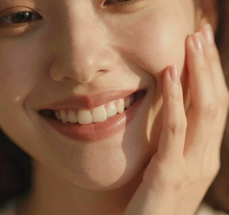 A close-up shot of a smile and a hand touching a face, flooded with warm golden light. The focus is soft and cinematic, highlighting the #AD7B5B tones and a warm, intimate mood. Brand colors subtly present in the lighting.