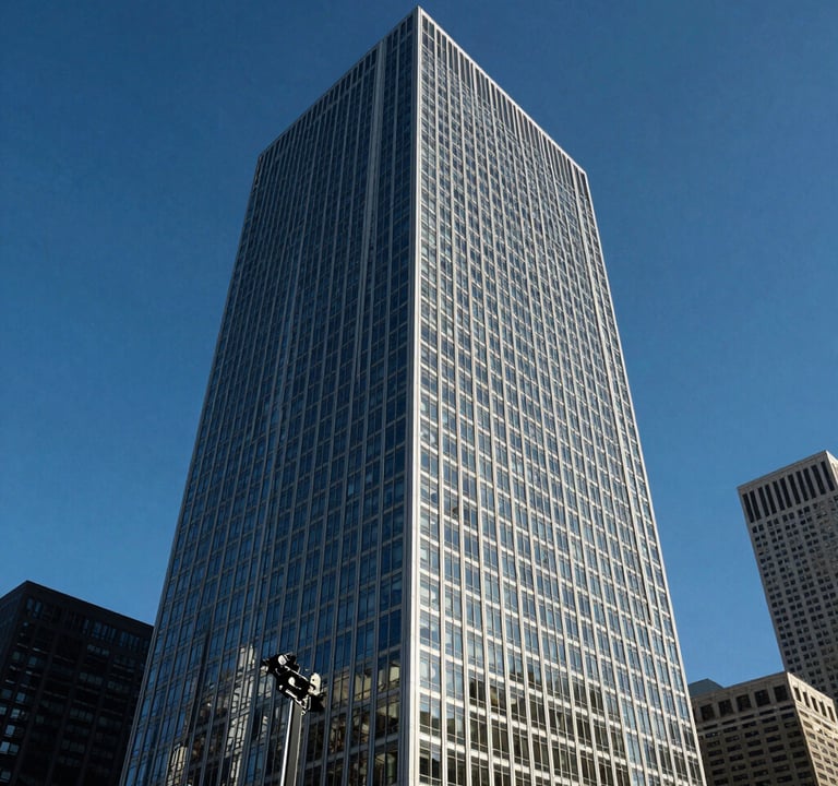 High-contrast architectural photograph of a modern glass and steel skyscraper in Chicago, captured with extreme sharpness and deep blue sky tones, professional gear review sample, North American urban setting.