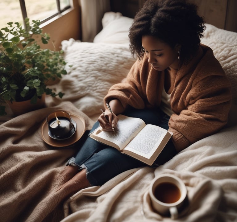 Christian woman journaling with Bible and coffee symbolising peace, surrender and trusting God