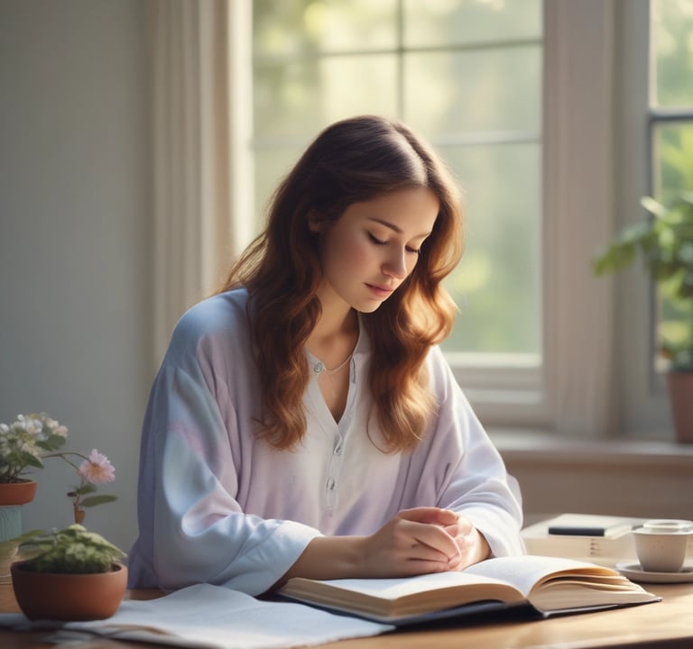 Christian woman praying with Bible, symbolizing self-worth, confidence, and boldness in Christ.
