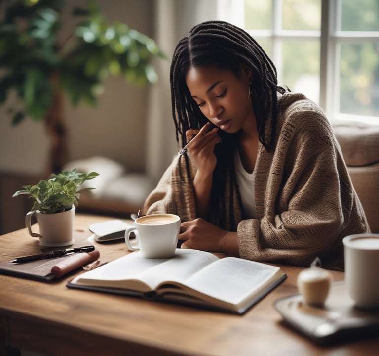Christian woman journaling with Bible and coffee symbolising peace, surrender and trusting God