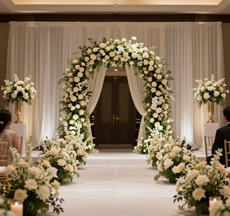 The grand entrance of a South American / Colombian event hall decorated for a wedding with soft off-white florals and elegant minimalist design. Warm, professional lighting.