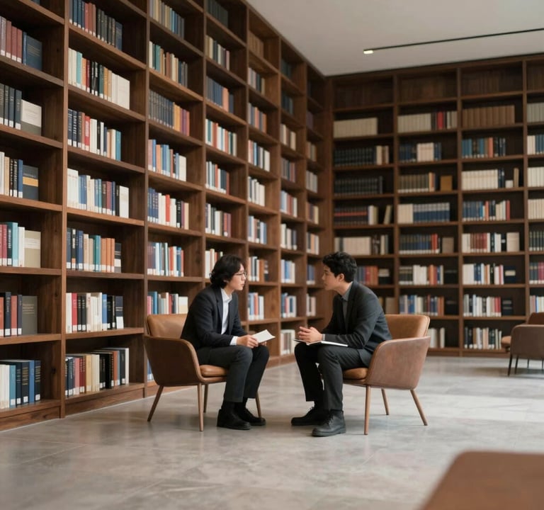 Two individuals engaged in a serious discussion in a modern, minimalist library with floor-to-ceiling dark wood shelves. The scene is shot with a wide-angle lens, creating a sense of space and intellectual luxury.