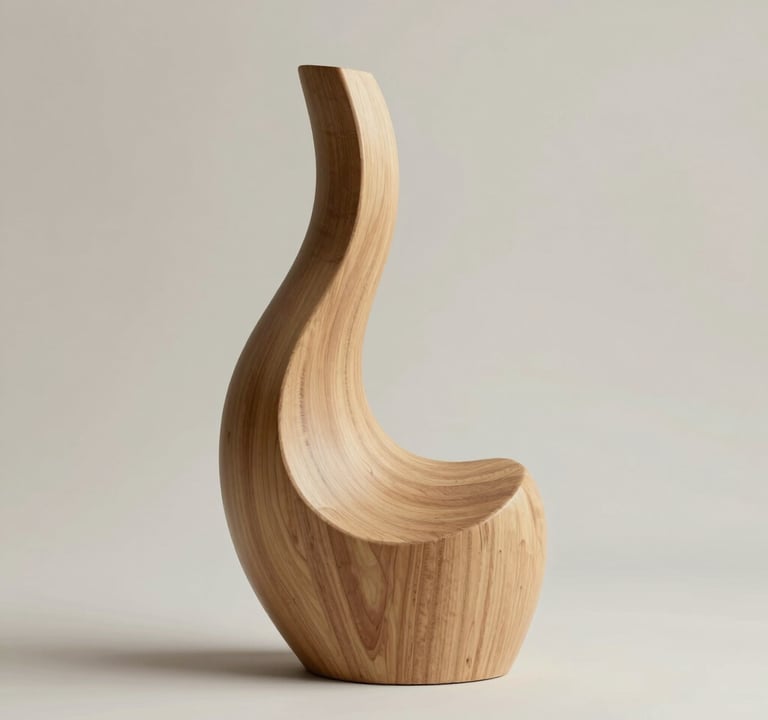 A minimalist wooden sculpture with organic flowing lines, placed against a clean #CFC8B7 background. Soft warm lighting emphasizes the natural texture and the brand's sophisticated atmosphere.