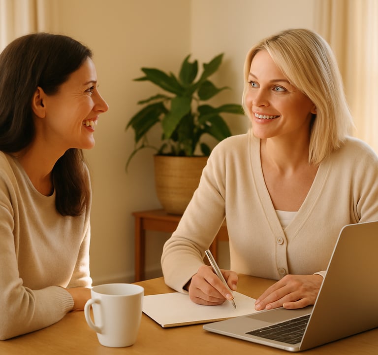 Individuelles Gesundheitscoaching – zwei Frauen sitzen am Tisch mit Laptop, Stift und Notizen und be