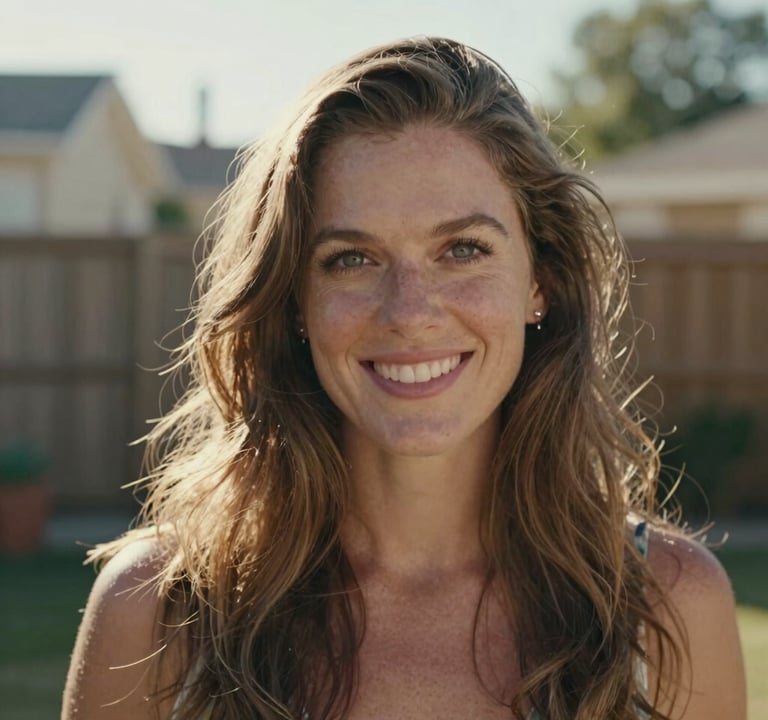 A candid portrait of a woman smiling naturally, looking away from the camera, in a sun-lit North American / General Western backyard. Soft sand highlights on her hair and a warm, inviting professional photography style.