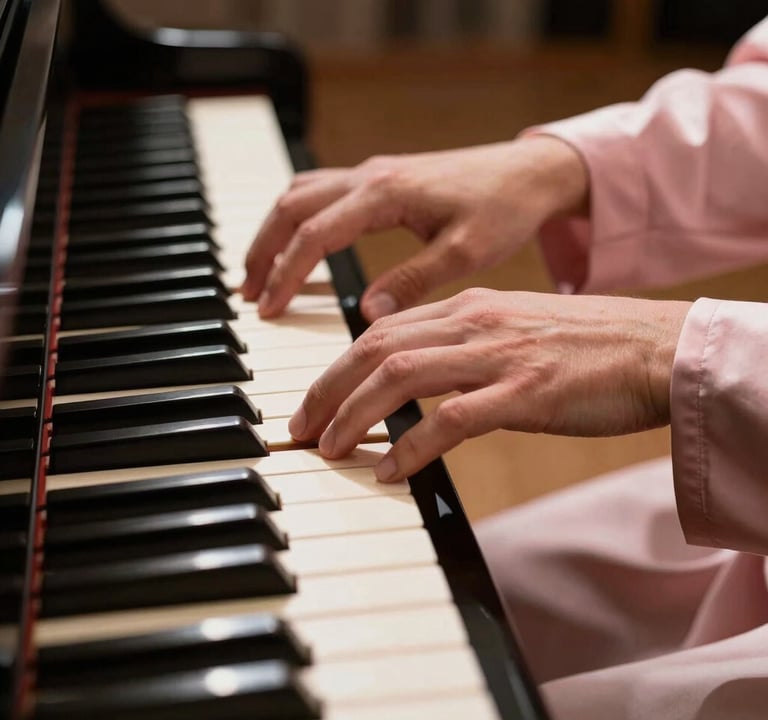 A close-up of a hand playing a piano in a sunlit North American / US music studio, with a hint of a Soft Petal Pink silk sleeve and Creamy Pearl piano keys.
