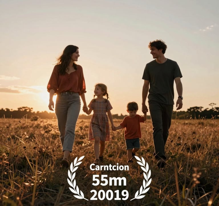 A low-angle shot of a family walking through a meadow at sunset. The lighting is backlit, creating a warm golden rim light. The color palette features Terracotta earth and Charcoal shadows in the grass. Candid and cinematic.