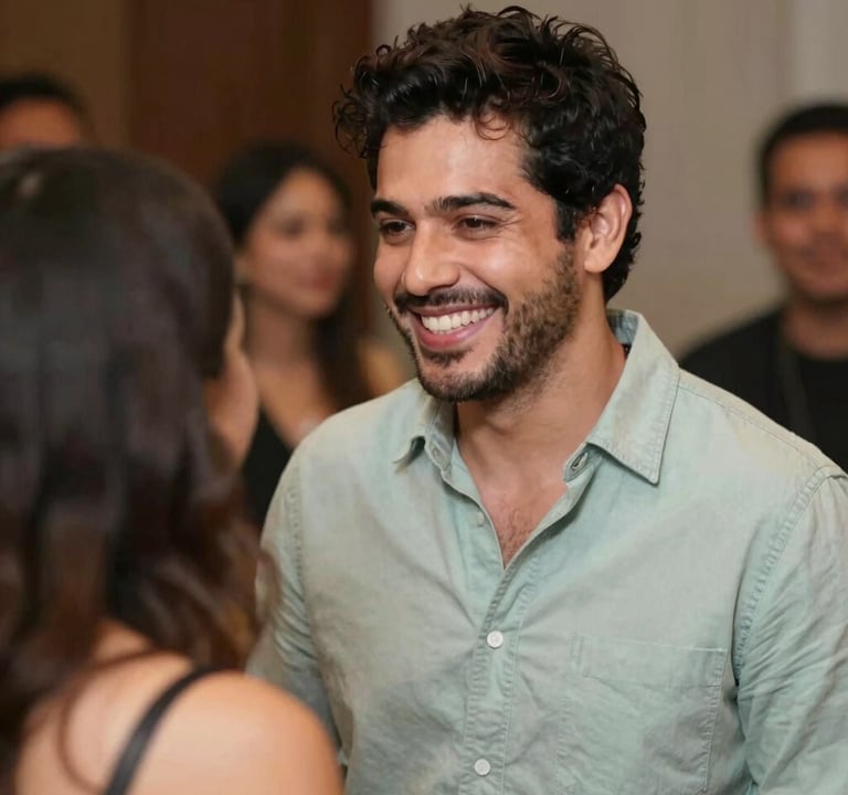 A warm, candid shot of Lyan Galindo sharing a smile with a guest after a show. The composition is inviting and warm, with soft lighting highlighting the #E6EBE0 and #91AA9D tones in their clothing and the background.