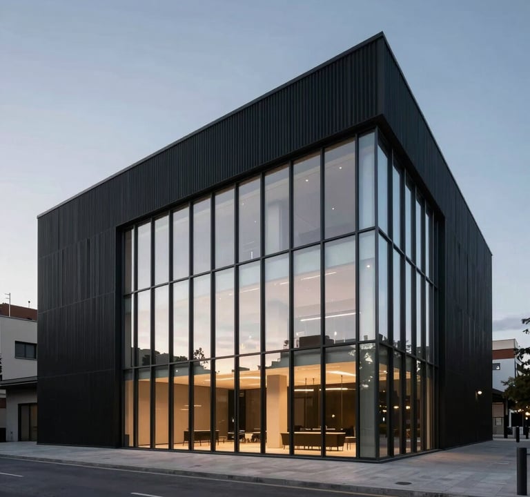 Minimalist architectural photography of a modern concert hall exterior in a Spanish / Latin American metropolis at dusk. Clean lines, night black facade with soft silver glow from the floor-to-ceiling windows.