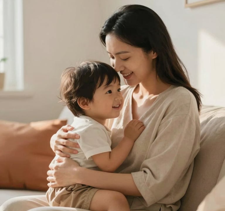 A mother and child sharing a quiet moment of connection in a sun-lit room. Cinematic lighting, soft shadows, and a friendly, approachable style. The palette is dominated by Soft Sand and warm Terracotta accents.