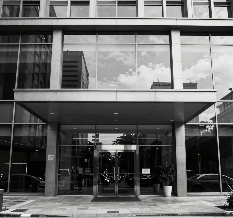 A ground-level shot of a sleek commercial building entrance in a South American / Brazilian business district. The glass reflects a clear sky. Minimalist, clean composition with a focus on negative space. Black and white aesthetic.