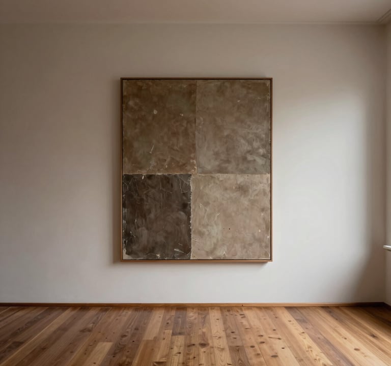 A wide-angle photograph of a minimalist studio wall in Buenos Aires. A single, large artwork featuring rich textures and earthy taupe tones hangs centrally. The room is mostly empty, with soft natural light spilling across the wooden floor, creating an enigmatic and thoughtful atmosphere.
