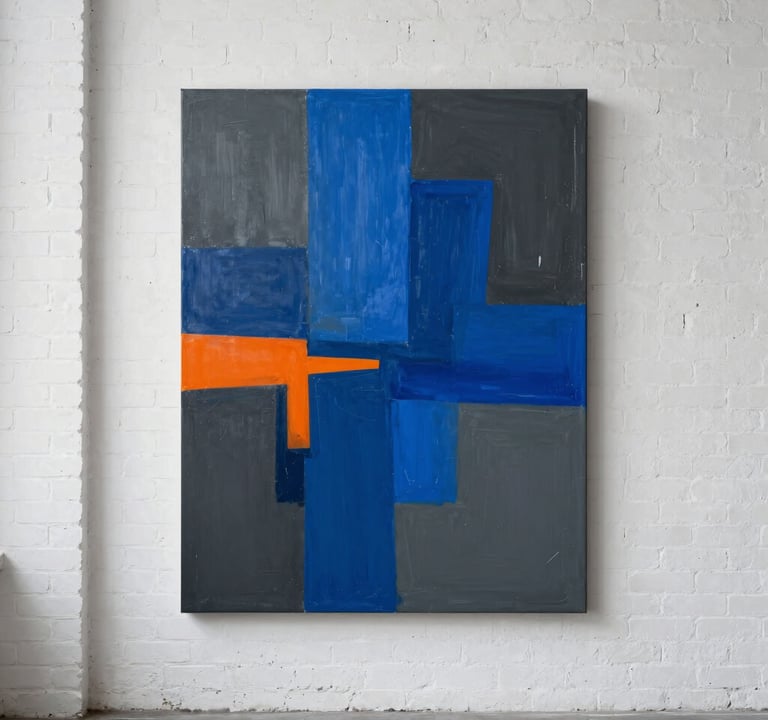 A finished large-scale abstract painting hanging on a white brick wall in a International / Urban Art Scene loft. The painting features bold monochromatic blue strokes over a deep slate grey and charcoal base, with sharp safety orange geometric accents. Minimalist and high-end aesthetic.
