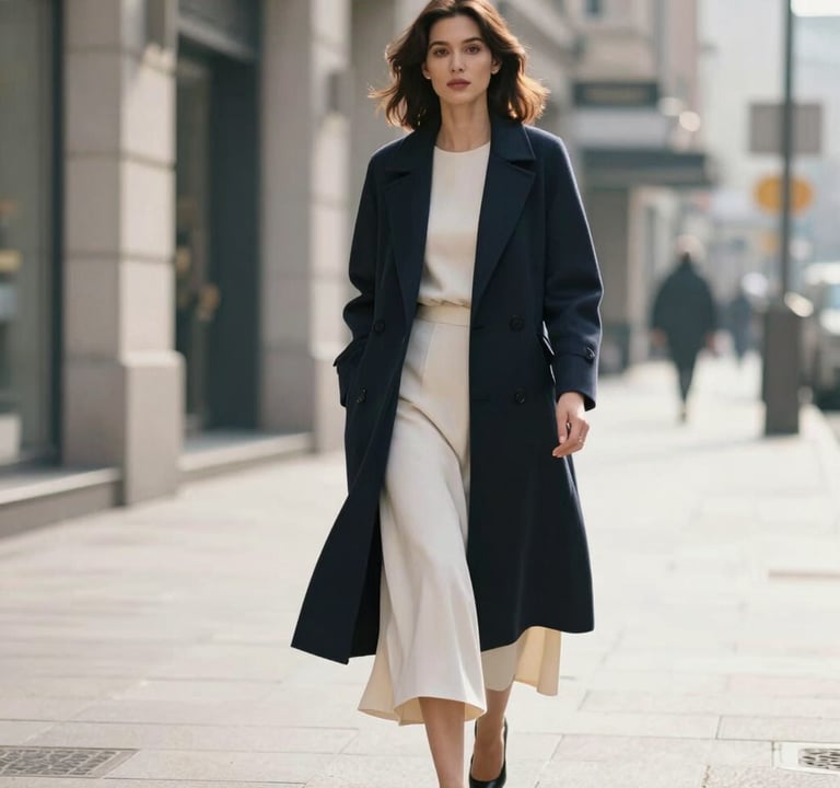 A stylish woman walking down a clean, modern North American / Western European city street, wearing a flowing cream midi skirt and a structured dark charcoal blue coat, soft morning light.
