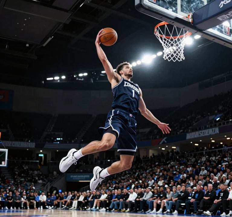 Action shot of a basketball player suspended mid-air during a dunk, North American indoor stadium, high-contrast lighting with cool silver highlights and deep slate shadows, razor-sharp detail.