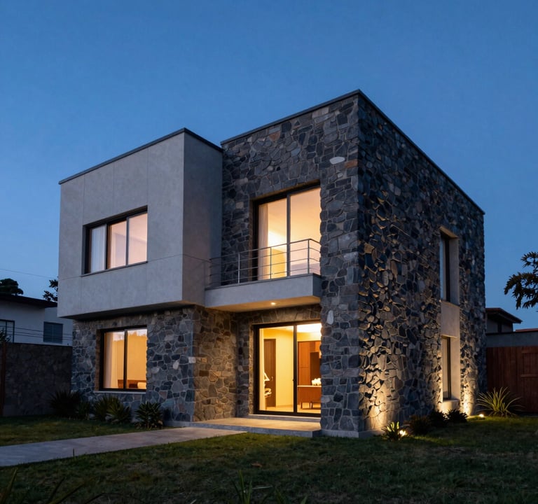 Wide-angle photography of a contemporary South American residence at dusk. The building features dark grey stone and light grey panels. Internal warm lighting contrasts with the deep baby blue of the evening sky.