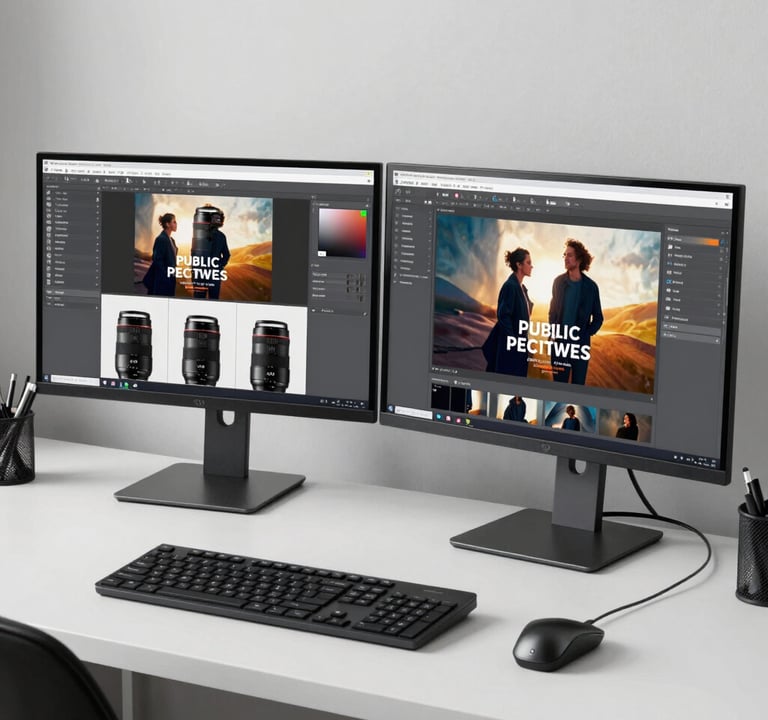 A clean, high-end North American professional workspace featuring dual monitors displaying vibrant graphic design work for a public relations campaign, with a white and charcoal color palette.