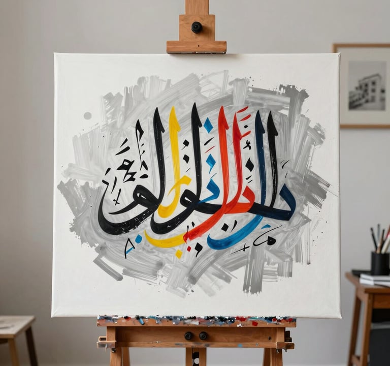 A minimalist art studio in a Middle Eastern urban setting. A large canvas rests on a wooden easel, showcasing a half-finished calligraphy piece with vibrant primary colors breaking through a monochromatic grey and white field.