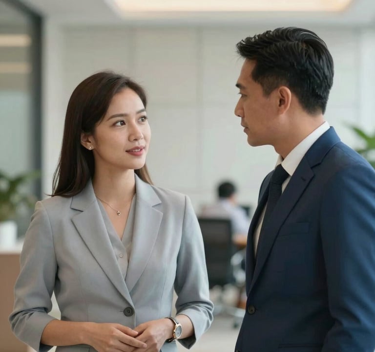 Two professionals in a Southeast Asian / Indonesian corporate setting having a quiet discussion, soft bokeh background, elegant and professional atmosphere, using Pale Cloud Grey and Muted Steel Blue colors.