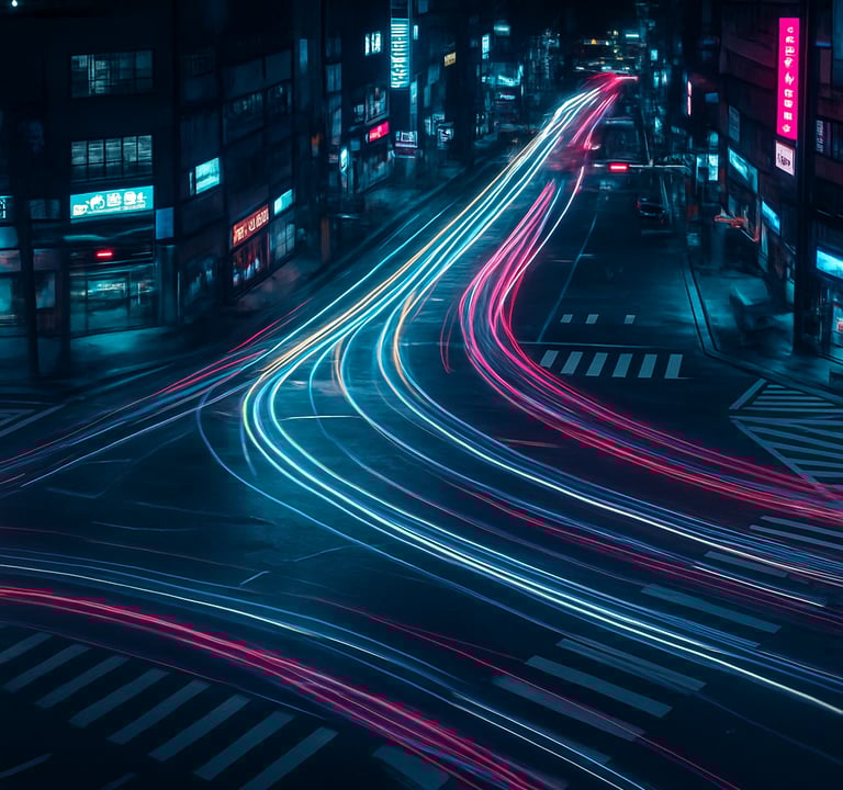 Aerial long-exposure photography of a busy intersection in an East Asian / Korean urban center. Dynamic light trails from traffic weave through a dark sophisticated landscape. The lighting is dominated by electric cyan and magenta tones.