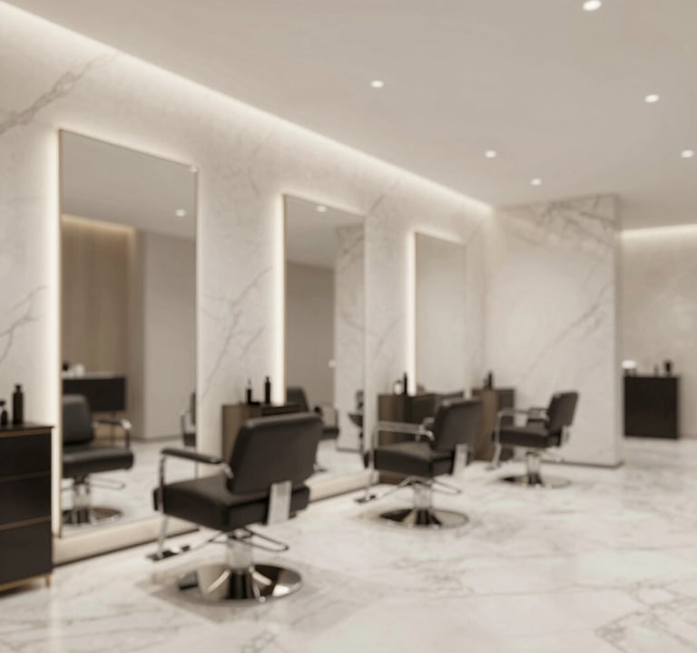 Lifestyle shot of a modern, high-end hair salon or beauty space, emphasizing clean lines, marble textures #FDFBF7, and a sophisticated atmosphere with no people in the frame, wide angle.