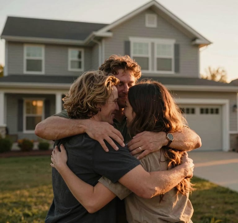 A warm, lifestyle shot of a group hug in front of a North American / US home. The atmosphere is inviting and real, with sunset light emphasizing the genuine connections.
