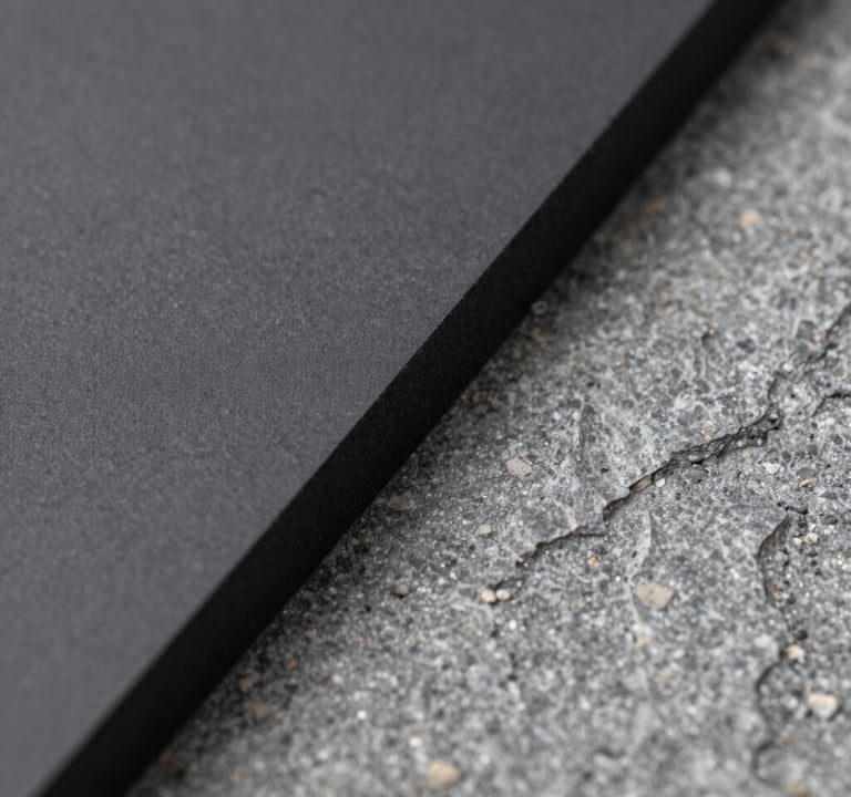 Macro photography of an industrial material, showing the transition between a smooth charcoal surface and a rough stone gray texture. The composition is abstract and editorial, shot with a shallow depth of field in a studio setting.