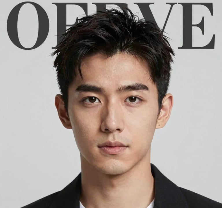 A magazine cover mockup featuring the actor's face in a bold, artistic crop. Heavy use of negative space, professional typography, and a palette of #0F0F0F and #F5F5F5.