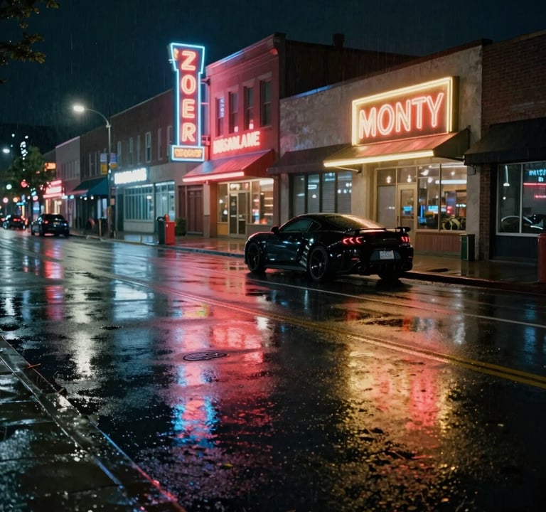A wide nighttime shot of a rainy North American street with glowing neon signs reflected in wet asphalt, a sleek black sports car parked in the background, cinematic film noir style.