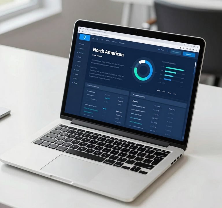 A laptop open on a clean white desk in a North American / US corporate environment, showcasing a multimedia dashboard with a clean blue interface and professional typography. The scene is bright and professional.