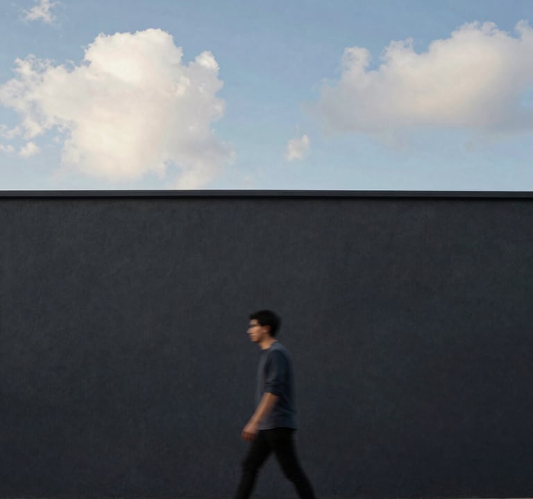 A medium shot of a solitary figure walking past a deep charcoal wall. The person is blurred slightly to suggest motion, while the architectural background remains in sharp, elegant focus. Tones of steel blue and soft cloud white dominate.