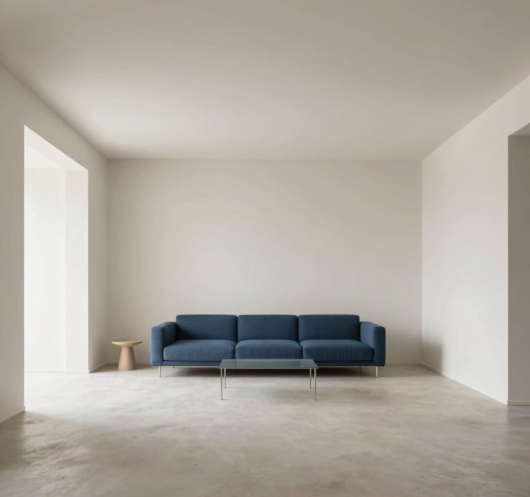 Full-room 3D interior visualization of a minimalist open-plan living area. Neutral palette with off-white walls and muted blue accents. Professional architectural photography style, bright and airy Northern European aesthetic.
