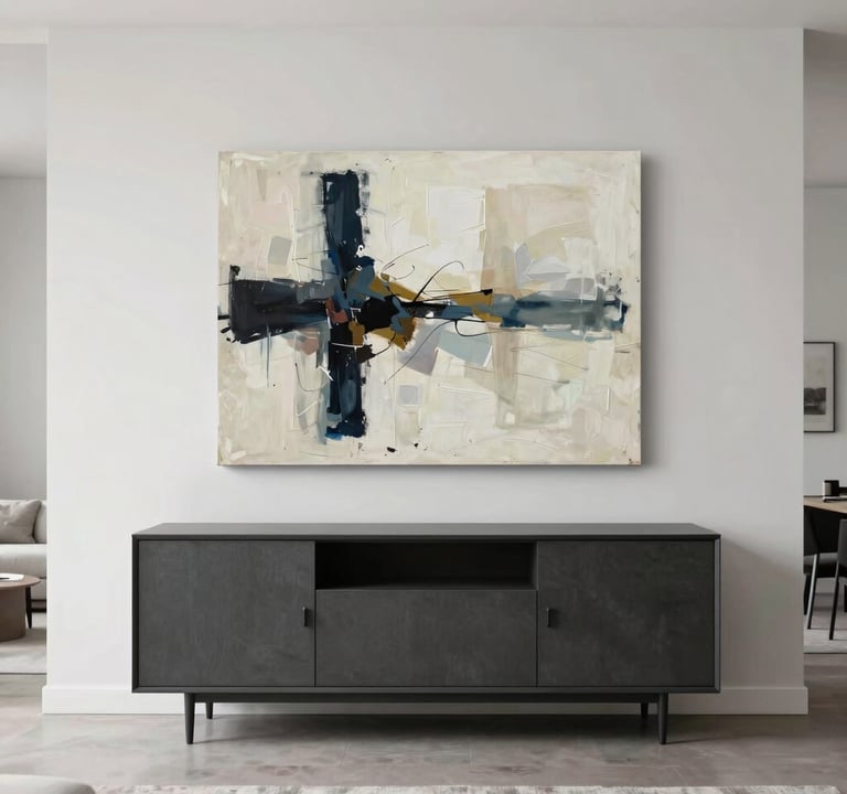 A wide-angle interior photograph of a modern, minimalist North American living room. Allison Egli's large abstract canvas hangs above a contemporary charcoal-colored sideboard. The room is bright with clean lines and soft lighting.