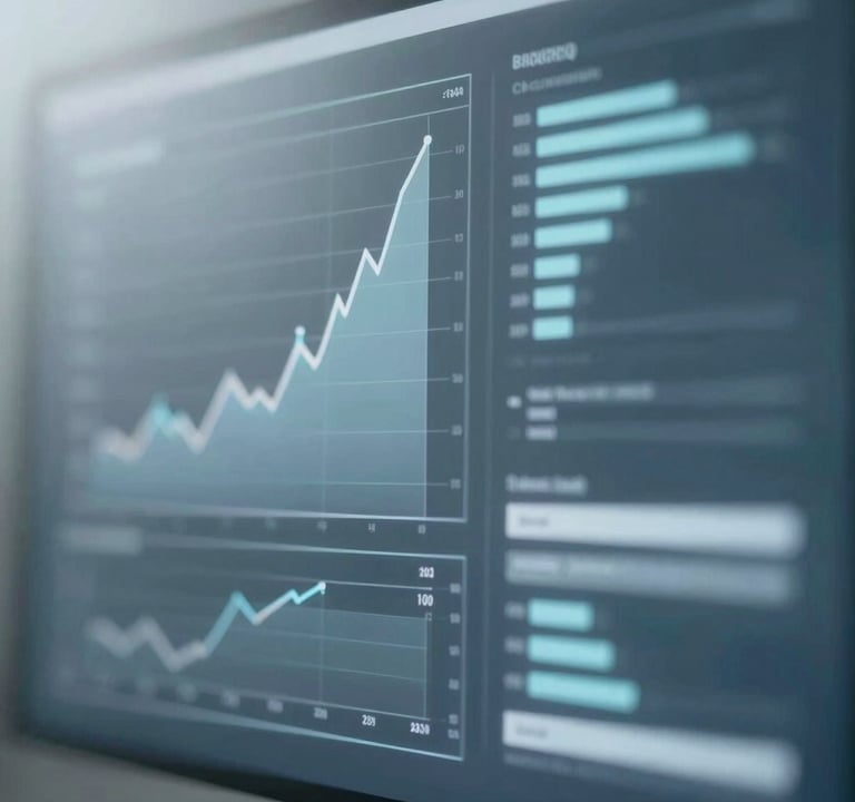 Abstract composition of light reflecting off a glass surface, suggesting a digital interface with blurred data or charts. A conceptual representation of information analysis. Palette features #607D8B and #B0BEC5.