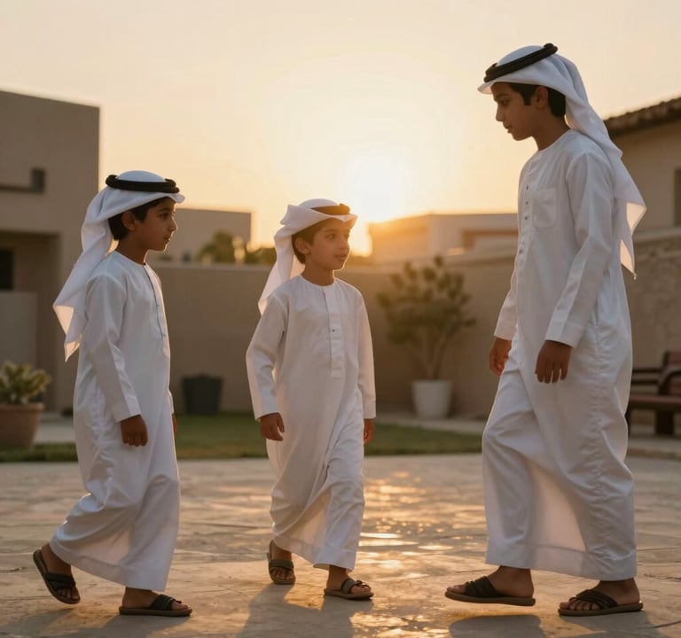 Candid shot of Middle Eastern / Gulf children playing in a backyard during sunset, warm golden lighting, soft off-white clothing, cinematic lifestyle photography.