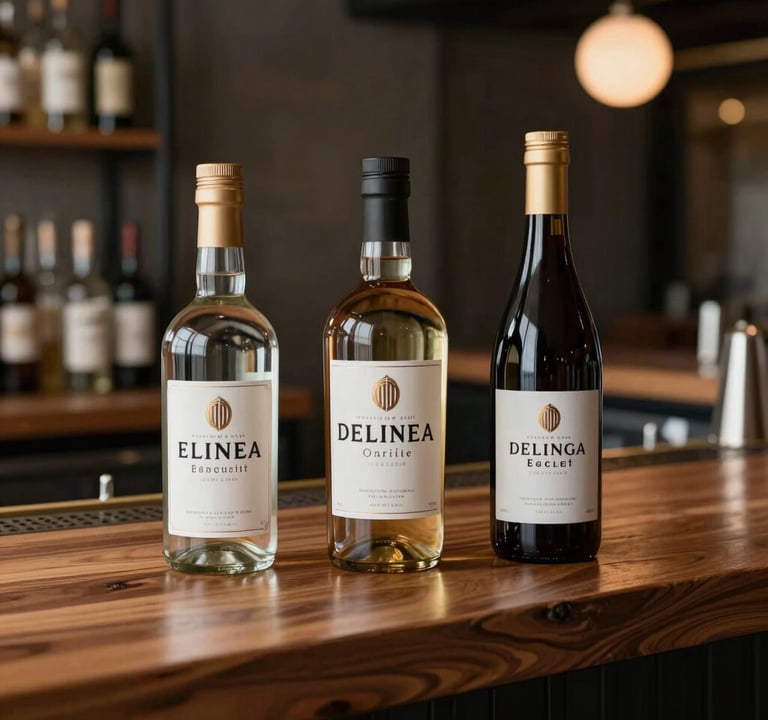 An elegant lifestyle photograph of three different spirit bottles with matching branding, displayed on a clean wooden bar top in a modern North American / US establishment. The lighting is moody and sophisticated.