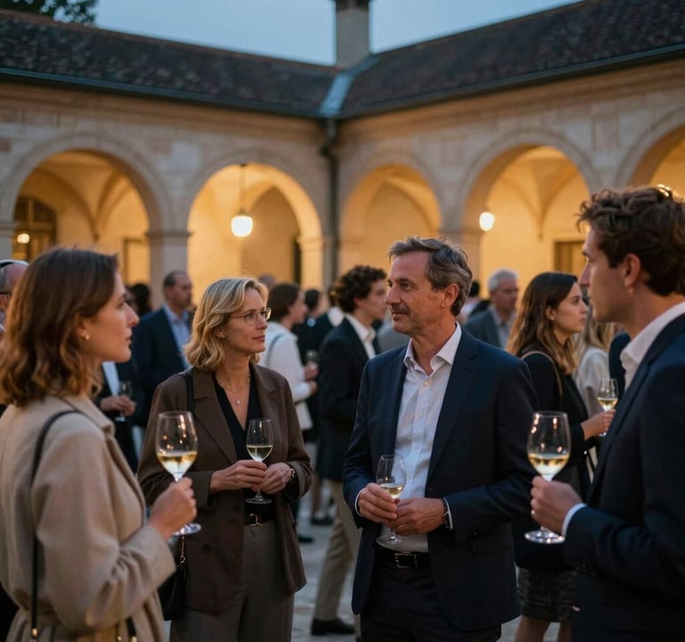 A photography shot of a sophisticated crowd at a cultural event in a European / French courtyard at dusk. People are holding wine glasses and talking animatedly. The lighting is warm and welcoming with soft linen glows and midnight navy shadows.